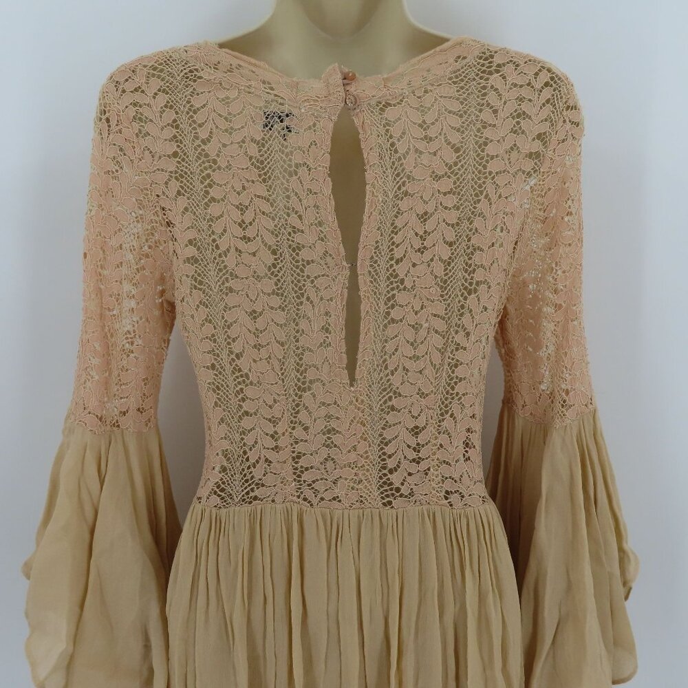 ByTimo Womens Small Beige Sheer Lace Long Sleeve Flowy Maxi Dress Boho Chic - Picture 6 of 12
